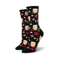 Pair of women's crew socks. Black background with adorable owls and flowers. Brown, orange, and red accents.