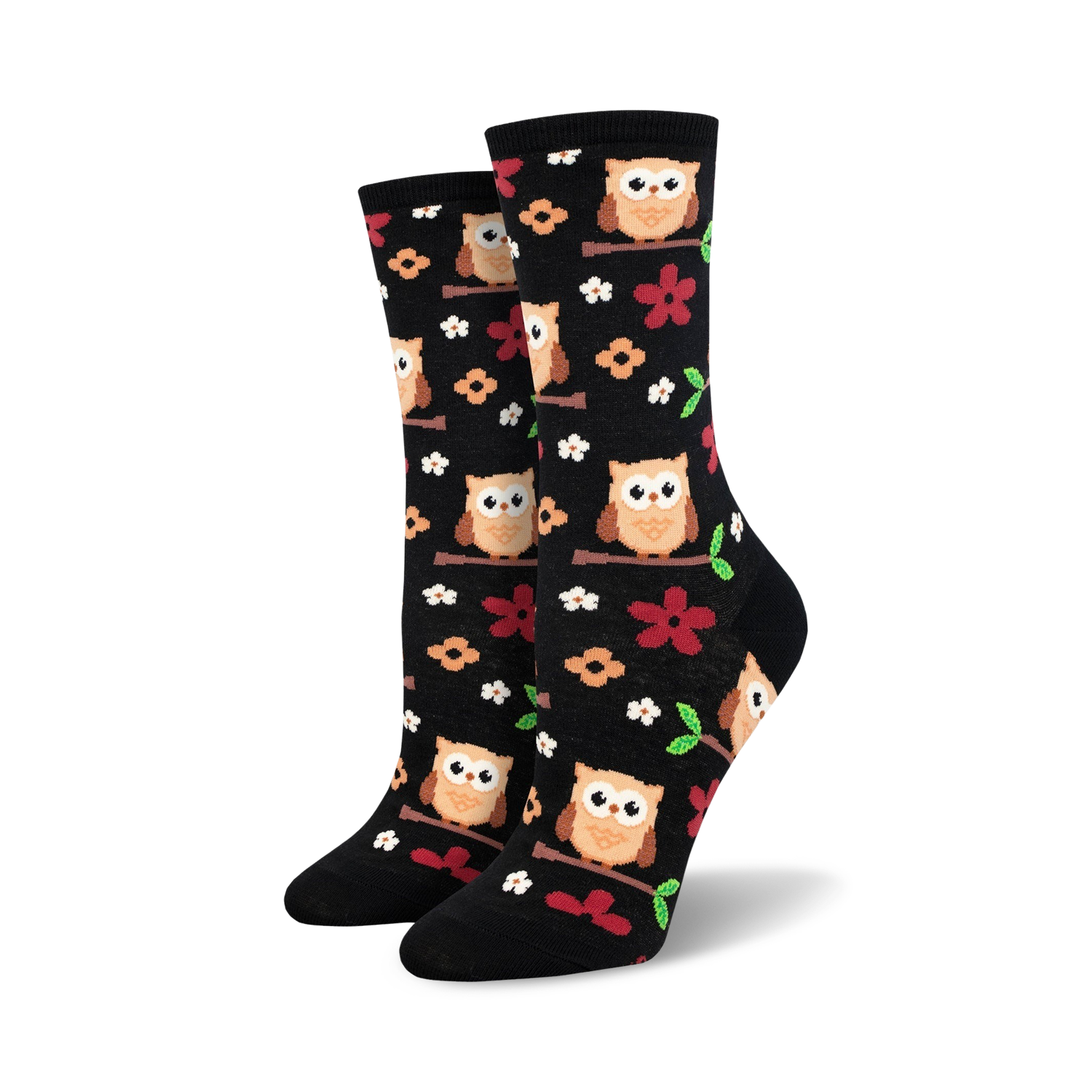Pair of women's crew socks. Black background with adorable owls and flowers. Brown, orange, and red accents.