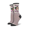Pair of women's crew socks. Grey and burgundy stripes. Features a hedgehog holding a cactus and the text 'Not a Hugger'.