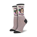 Pair of women's crew socks. Grey and burgundy stripes. Features a hedgehog holding a cactus and the text 'Not a Hugger'.