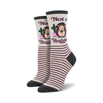 crew length gray socks with purple stripes feature porcupine in pink pot with green cactus. 'not a hugger' in purple.  