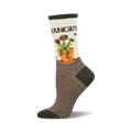 Cream crew socks with a green Venus flytrap in an orange pot. The words 'HANGGRY' are at the top, and the socks are predominantly brown.