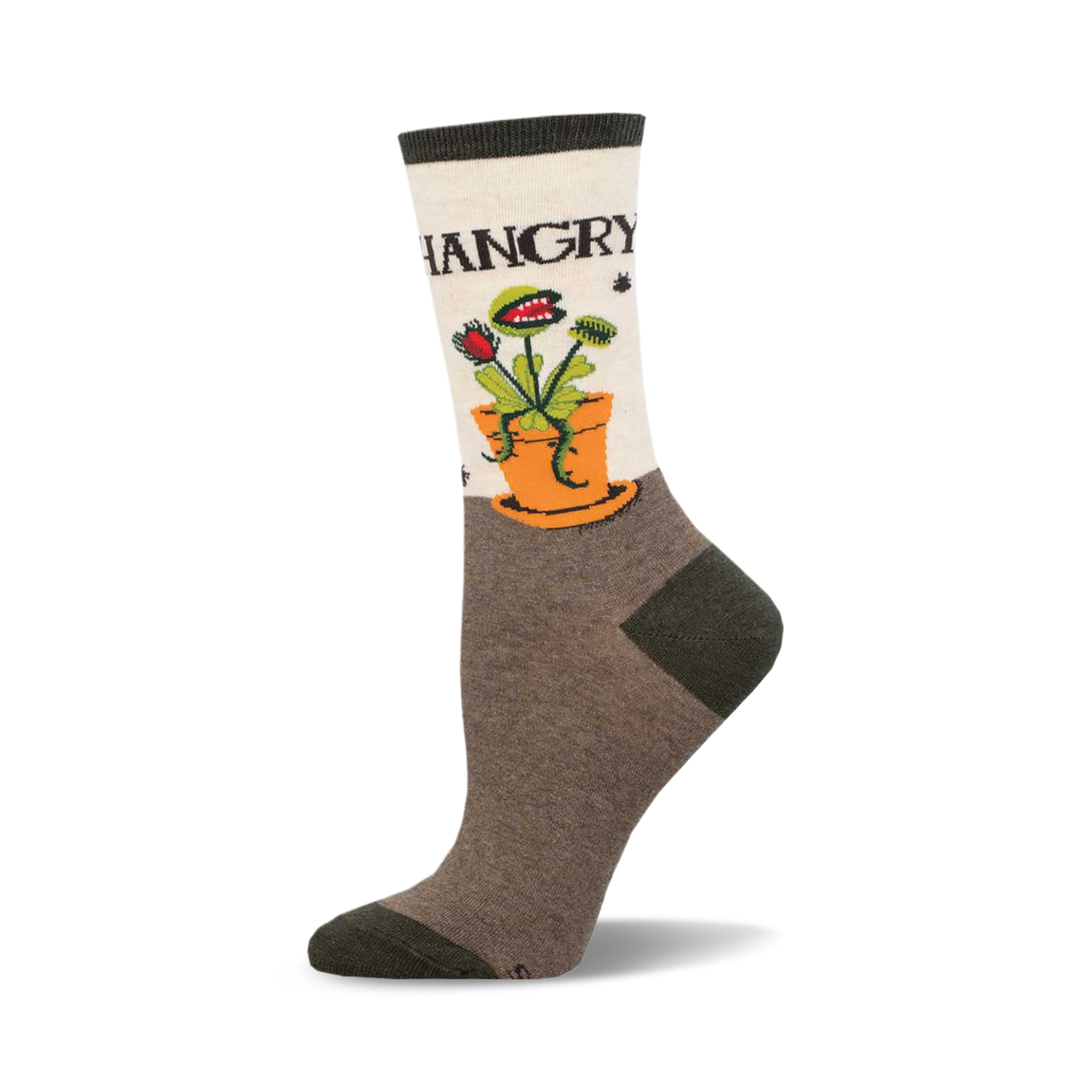 Cream crew socks with a green Venus flytrap in an orange pot. The words 'HANGGRY' are at the top, and the socks are predominantly brown.