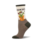 Cream crew socks with a green Venus flytrap in an orange pot. The words 'HANGGRY' are at the top, and the socks are predominantly brown.