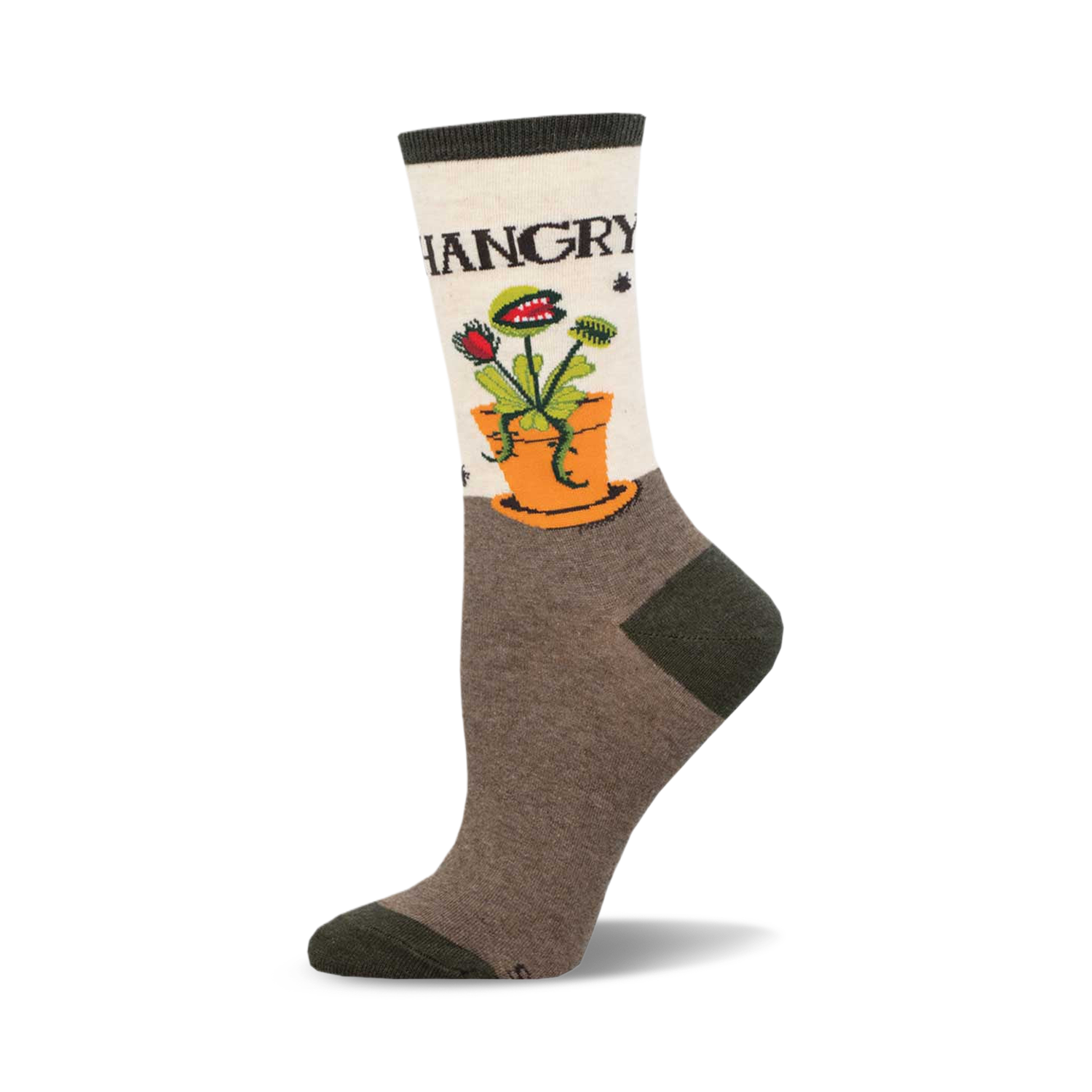 Cream crew socks with a green Venus flytrap in an orange pot. The words 'HANGGRY' are at the top, and the socks are predominantly brown.