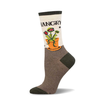 socks that are mostly brown with a white cuff and a white foot. the main feature of the socks is a of a venus flytrap with the word 'hangry' above it.