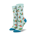 Pair of crew socks; light blue background, teal accents; features design of book-reading worms and stacks of books.