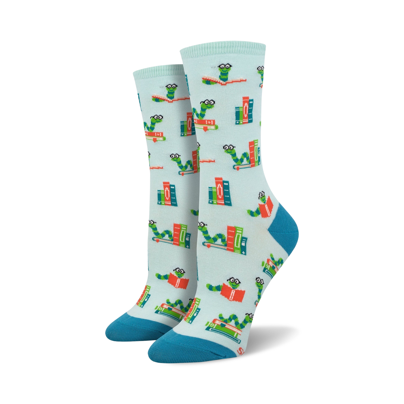 Pair of crew socks; light blue background, teal accents; features design of book-reading worms and stacks of books.