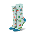 Pair of crew socks; light blue background, teal accents; features design of book-reading worms and stacks of books.