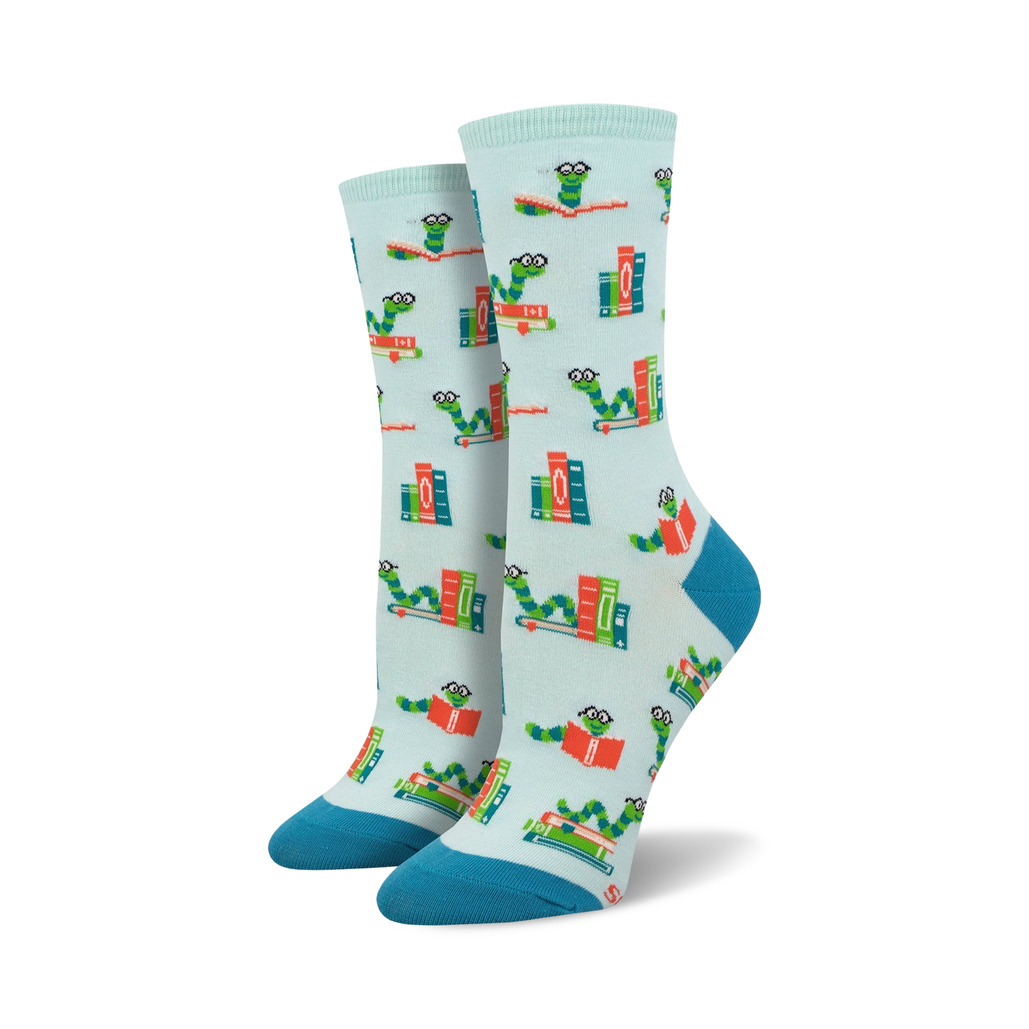 Pair of crew socks; light blue background, teal accents; features design of book-reading worms and stacks of books.