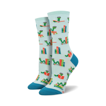 light blue crew socks with all-over pattern of cartoonish green worms wearing glasses reading books in red, orange, green, and blue.  