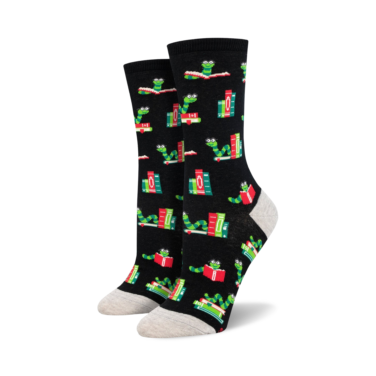 Lifestyle shot showing the black Bookworm socks on a person's feet.