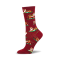 A maroon crew sock with a repeating pattern of orange tigers lying on small green patches.  The tigers are stylized and playful.