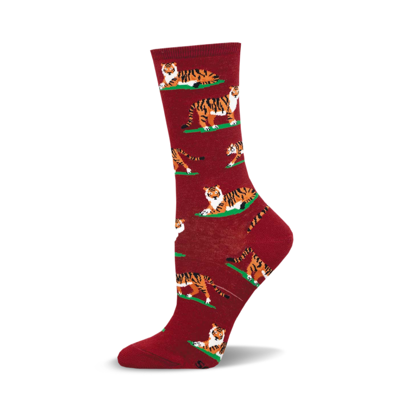 A maroon crew sock with a repeating pattern of orange tigers lying on small green patches.  The tigers are stylized and playful.