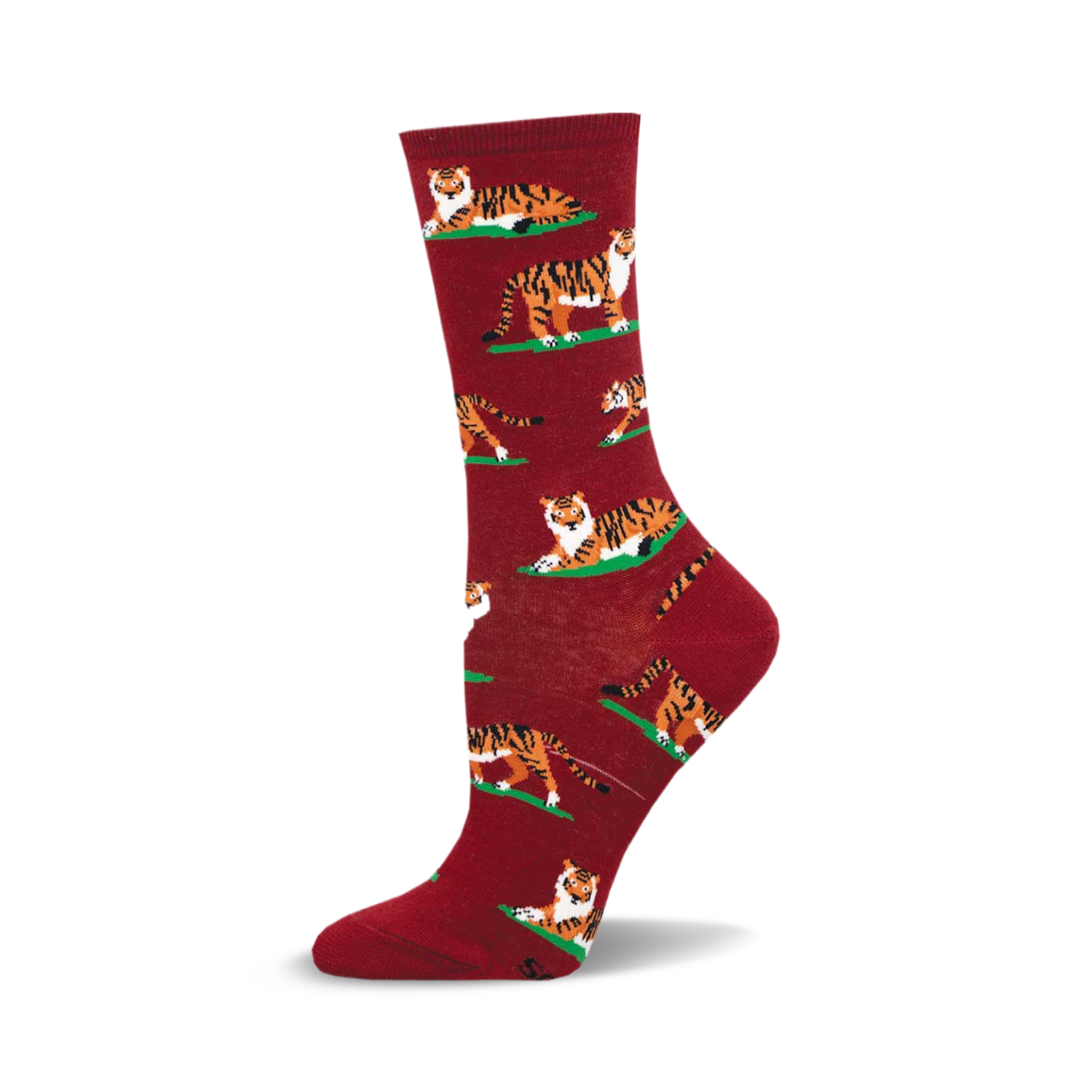A maroon crew sock with a repeating pattern of orange tigers lying on small green patches.  The tigers are stylized and playful.