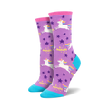 Pair of women's crew socks. Purple background with white unicorns, stars, and the word "Badass."  Teal-colored heel and toe.