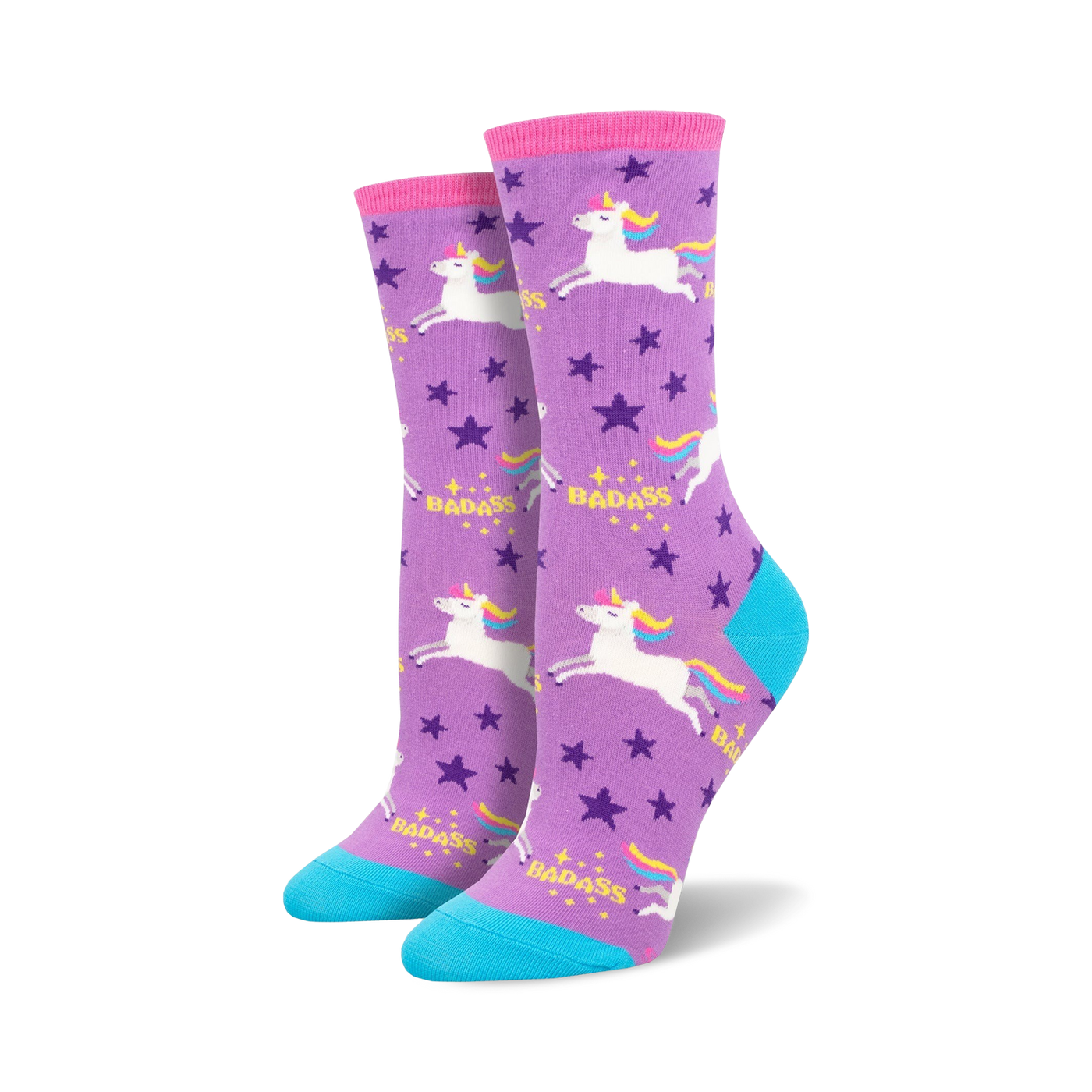 Pair of women's crew socks. Purple background with white unicorns, stars, and the word "Badass."  Teal-colored heel and toe.