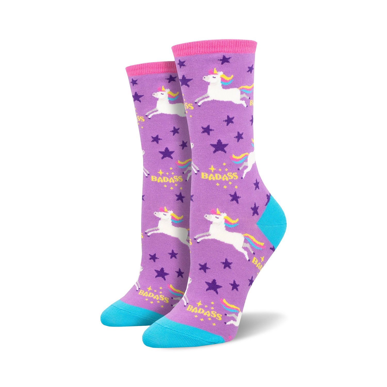 Pair of women's crew socks. Purple background with white unicorns, stars, and the word "Badass."  Teal-colored heel and toe.