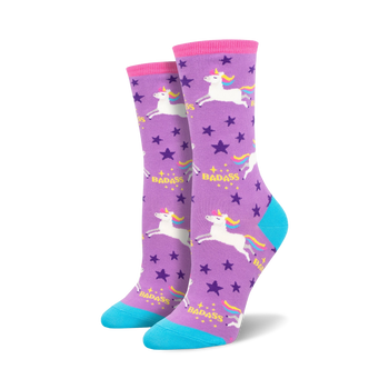 purple crew socks with cartoon unicorns, stars, and the word "badass" for women.   