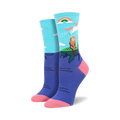 Women's crew socks in teal and purple featuring a Bigfoot watching a unicorn over a rainbow and ocean waves.