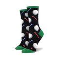 Pair of black crew socks with colorful golf tees and white golf balls printed on them. Green cuffs.