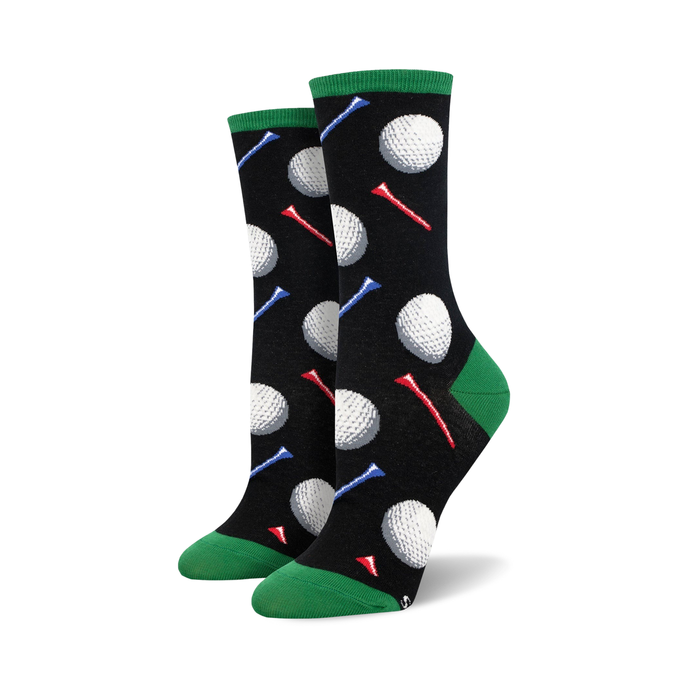 Pair of black crew socks with colorful golf tees and white golf balls printed on them. Green cuffs.