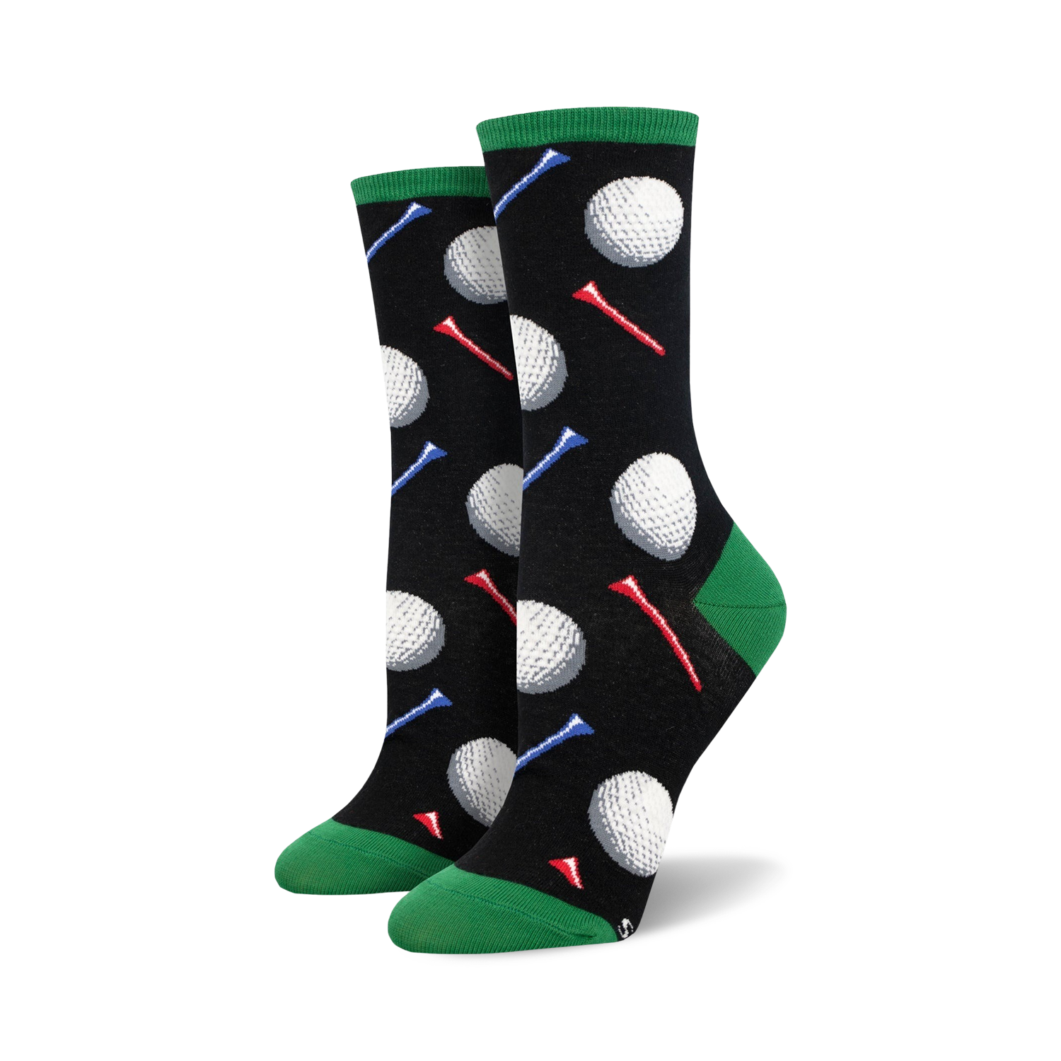 Pair of black crew socks with colorful golf tees and white golf balls printed on them. Green cuffs.