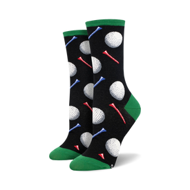 black women's crew golf socks with white golf ball and red, white, and blue golf tee pattern  