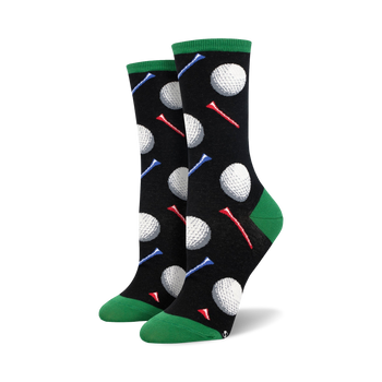 black women's crew golf socks with white golf ball and red, white, and blue golf tee pattern  