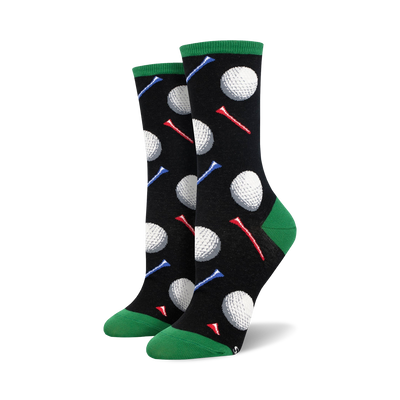 black women's crew golf socks with white golf ball and red, white, and blue golf tee pattern  