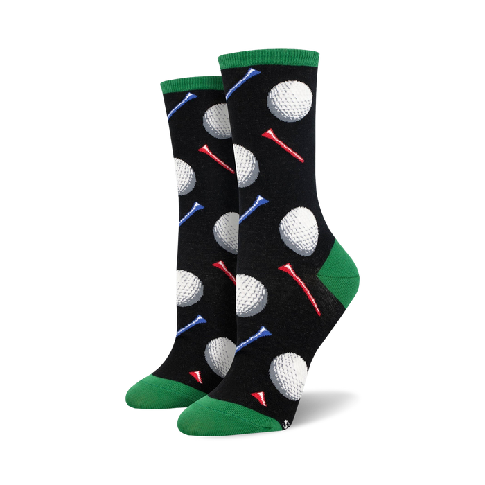 black women's crew golf socks with white golf ball and red, white, and blue golf tee pattern   }}