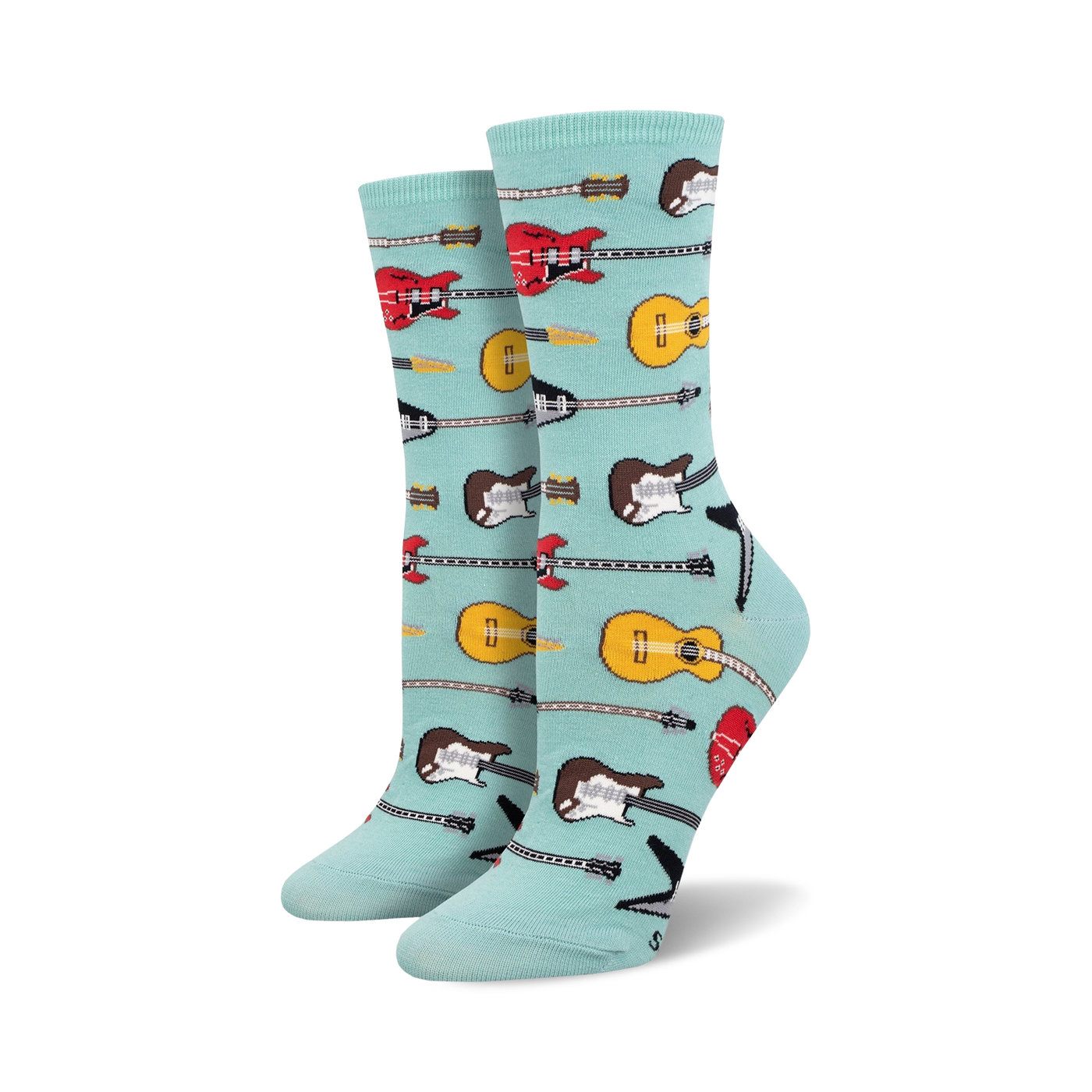 Pair of crew socks in teal, featuring a pattern of red, yellow, and brown guitars. 