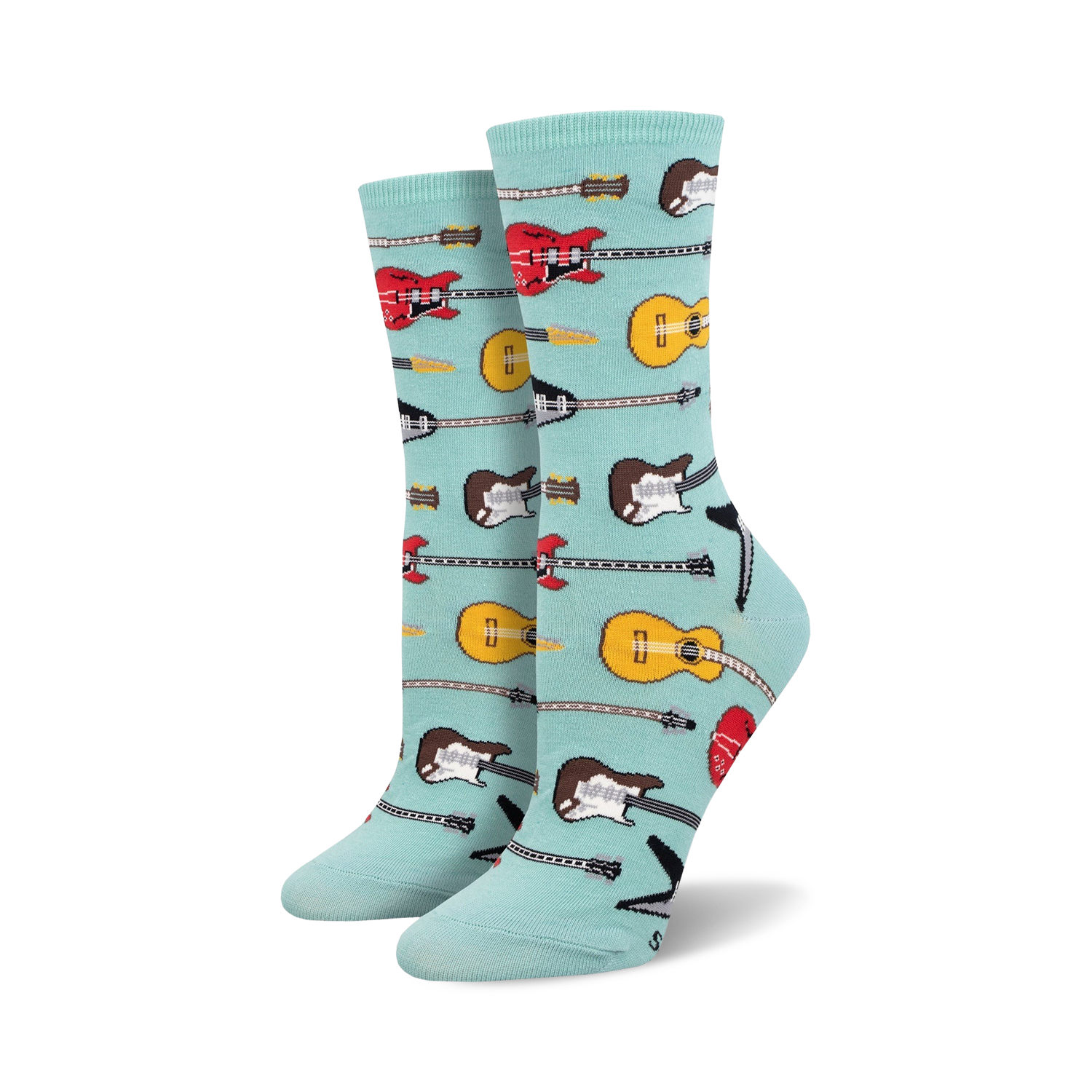 Pair of crew socks in teal, featuring a pattern of red, yellow, and brown guitars. 