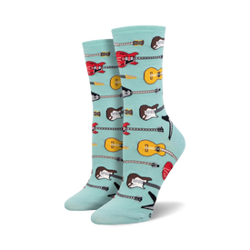 light blue crew socks for women adorned with a vibrant pattern of red, yellow, and brown electric and acoustic guitars.   