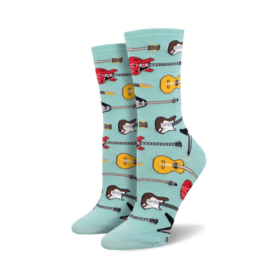 Pair of crew socks in teal, featuring a pattern of red, yellow, and brown guitars.