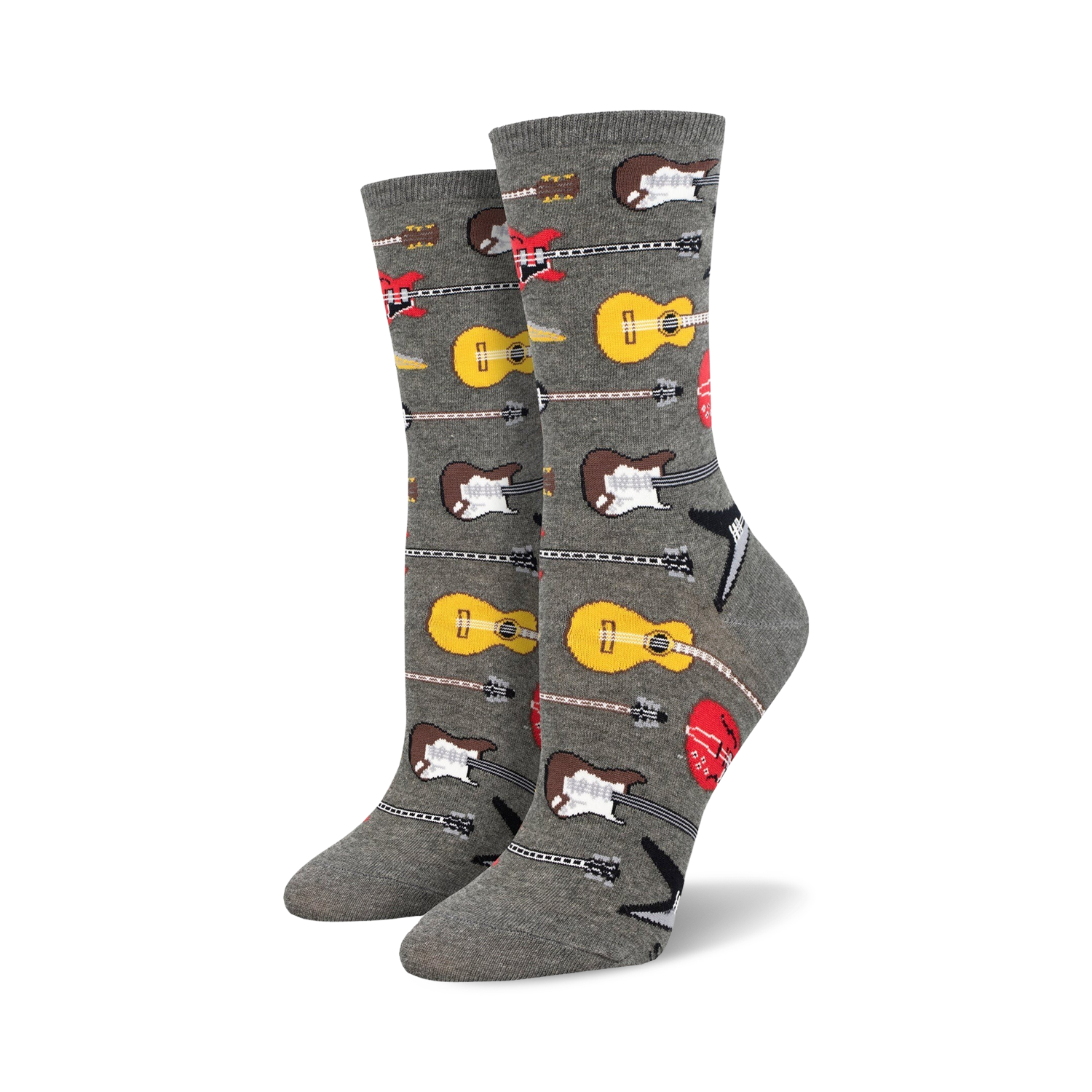 Pair of gray crew socks with the same guitar pattern as the teal pair.