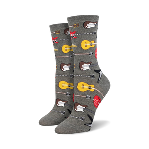  gray crew socks with red, yellow, and black guitar pattern.  