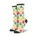 Cream crew socks with colorful Christmas trees. Red, green, and yellow trees are scattered on a cream background. Green and cream cuffs.