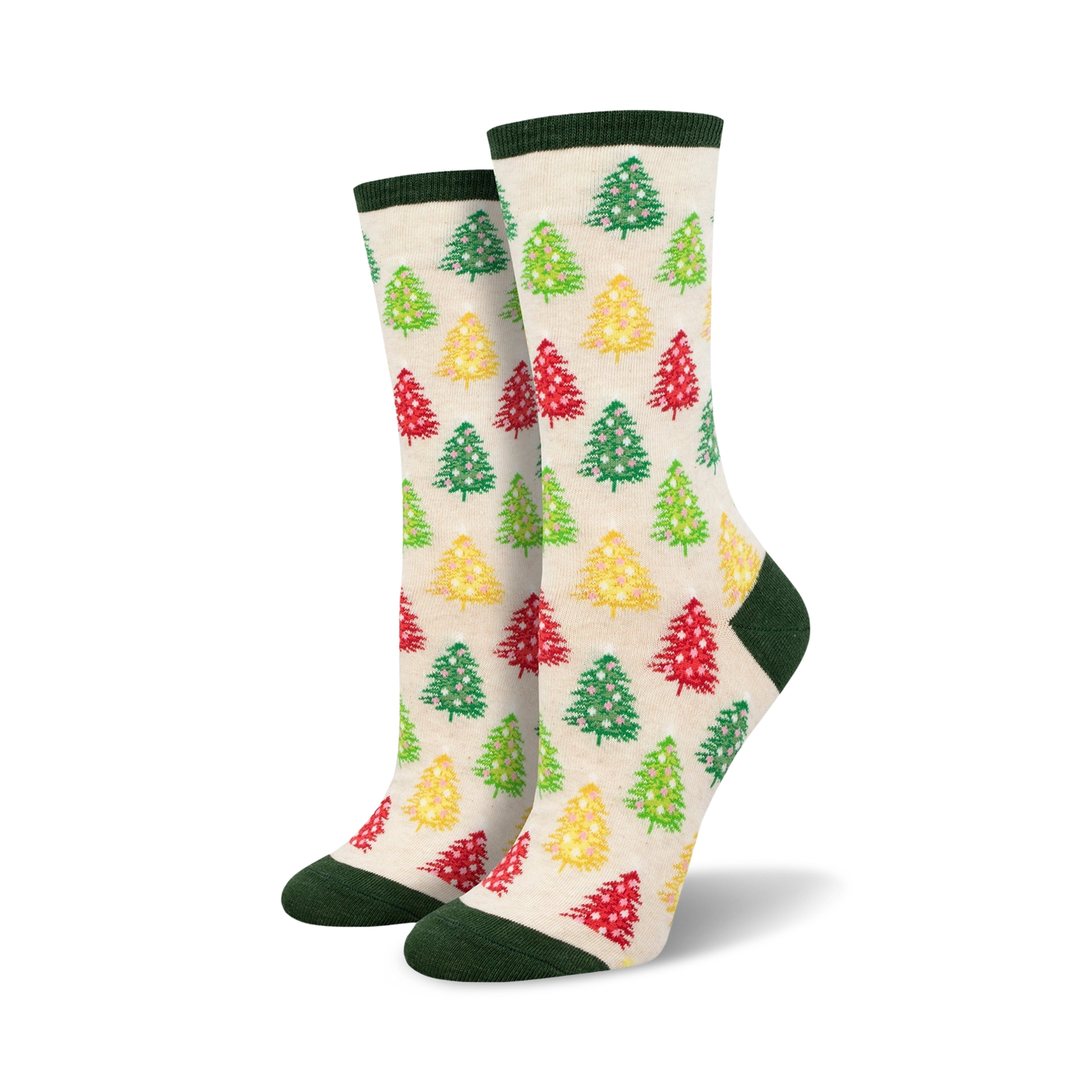 Cream crew socks with colorful Christmas trees. Red, green, and yellow trees are scattered on a cream background. Green and cream cuffs.