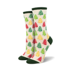 Cream crew socks with colorful Christmas trees. Red, green, and yellow trees are scattered on a cream background. Green and cream cuffs.
