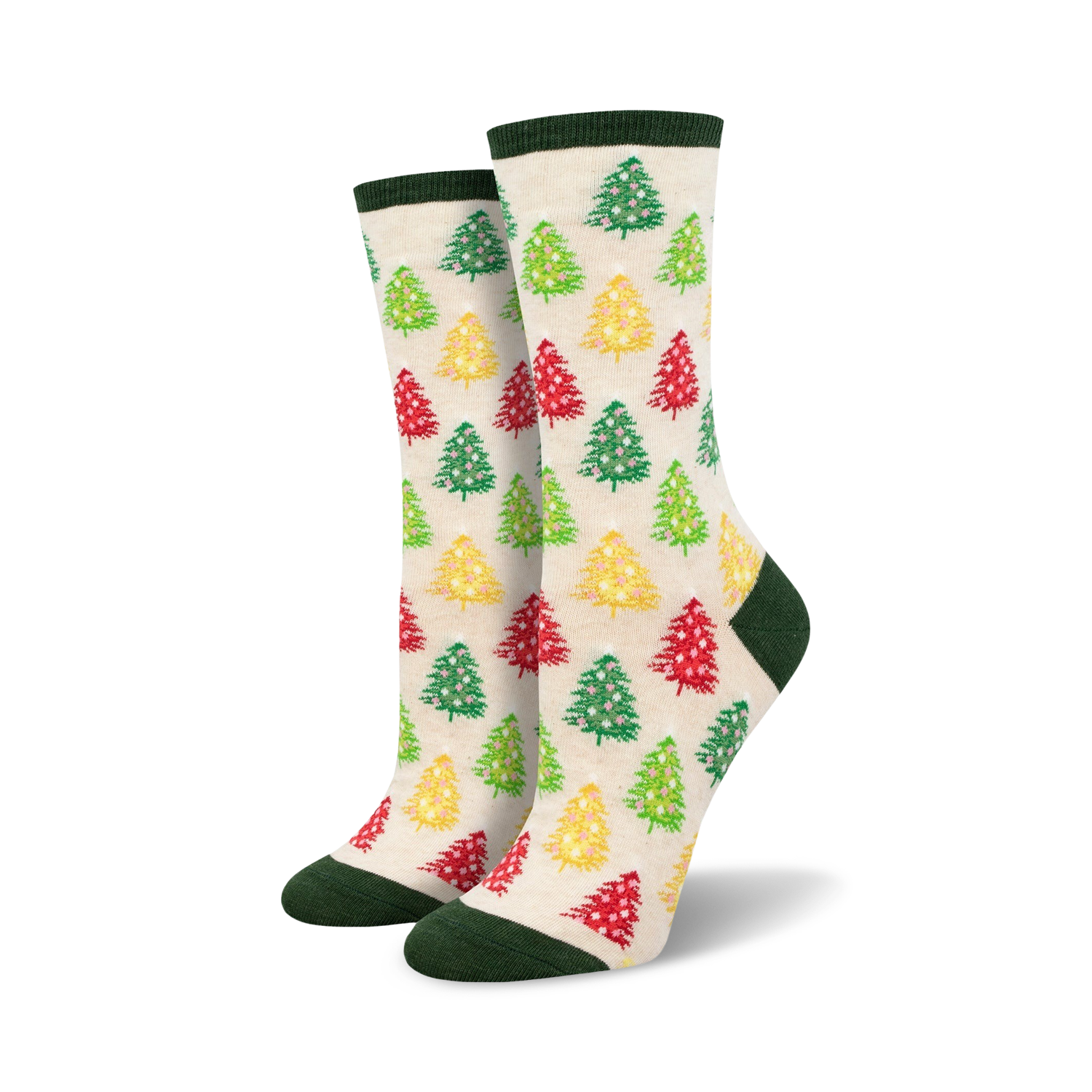 Cream crew socks with colorful Christmas trees. Red, green, and yellow trees are scattered on a cream background. Green and cream cuffs.