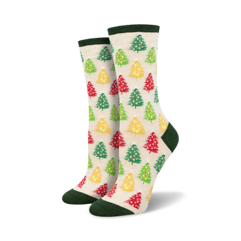 white women's christmas novelty socks with red, yellow, and green christmas tree pattern.   