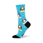 Bright blue sock with cute winter penguins wearing colorful hats & scarves, standing on snow patches with white snowflakes. B