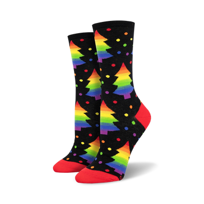 black crew socks with christmas trees and polka dots bring holiday cheer.    