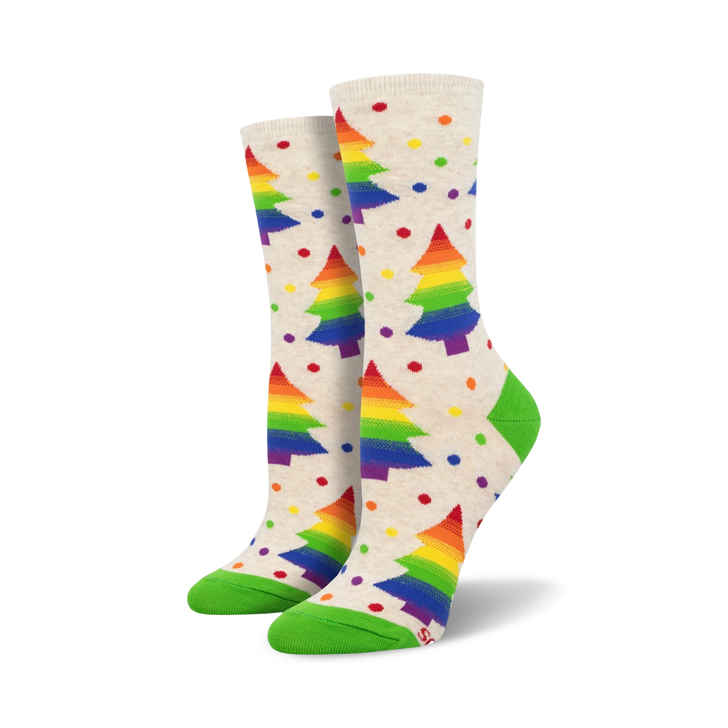 Lifestyle shot of the cream-colored rainbow Christmas tree socks. Model is not shown.