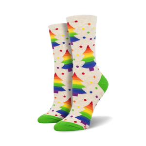 light gray, knee-high women's socks with green toes feature rainbow christmas trees.   