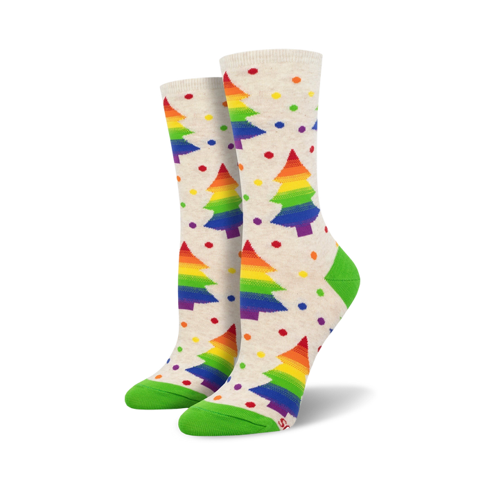 light gray, knee-high women's socks with green toes feature rainbow christmas trees.   