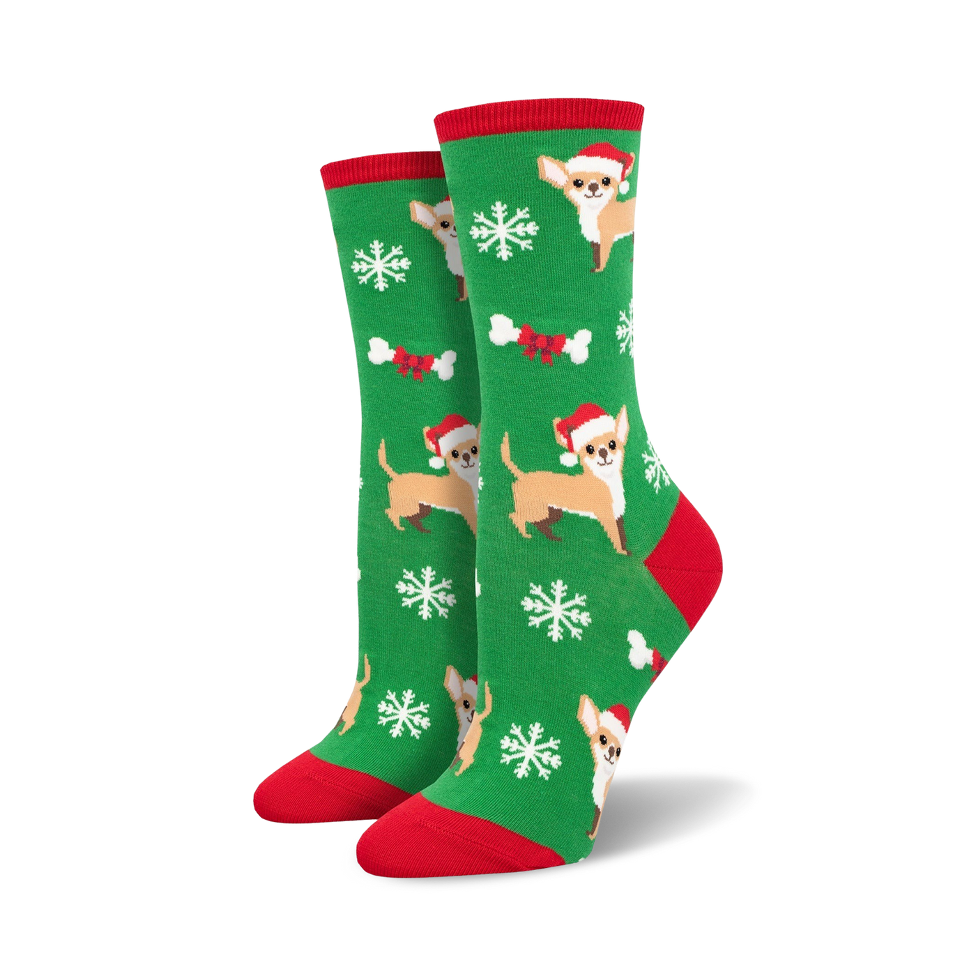 Crew socks in green with a festive design. Features Chihuahuas wearing Santa hats, snowflakes, and bones. Red and white accents.