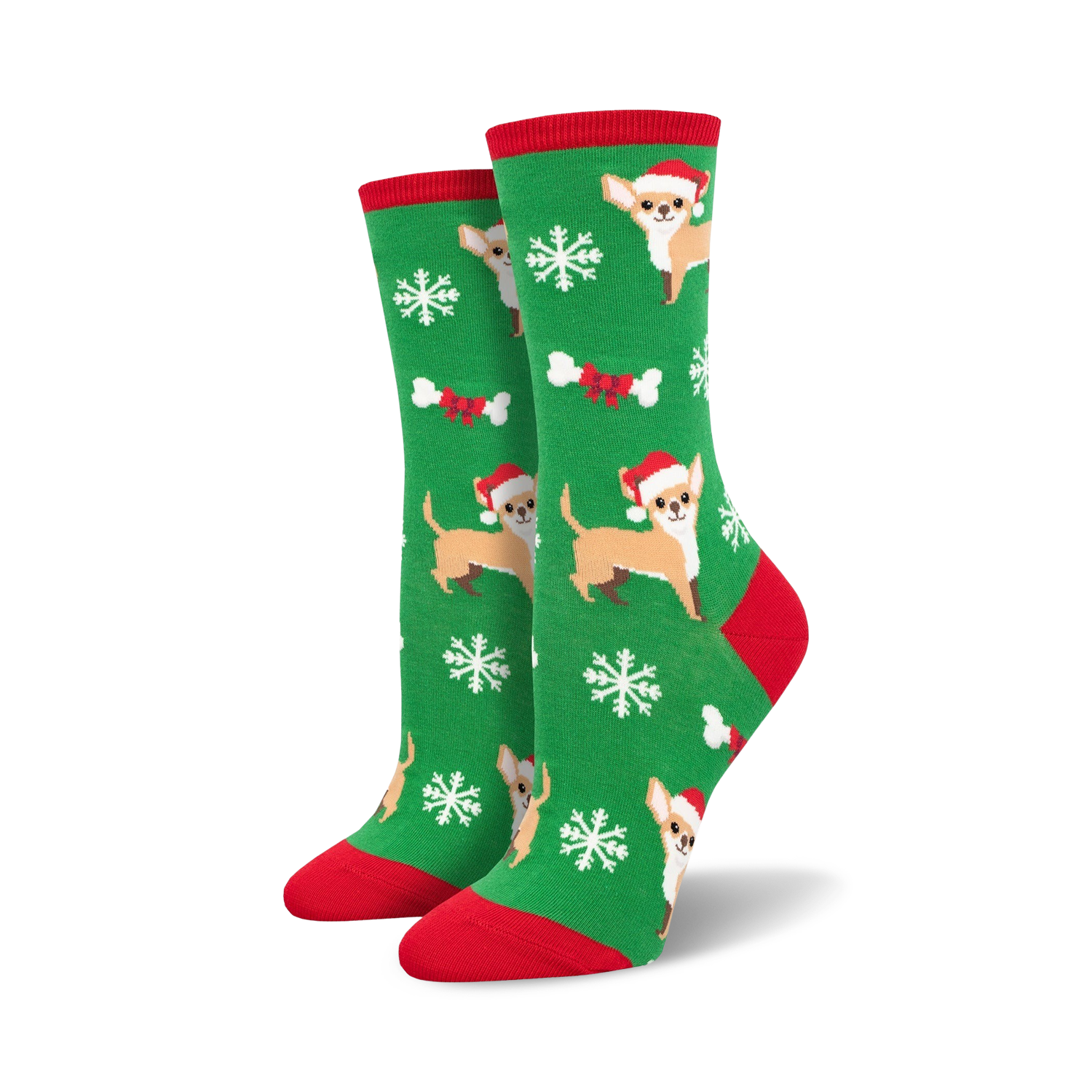 Crew socks in green with a festive design. Features Chihuahuas wearing Santa hats, snowflakes, and bones. Red and white accents.