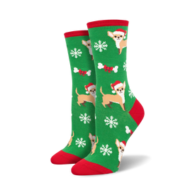 festive chihuahua  christmas themed womens green novelty crew socks